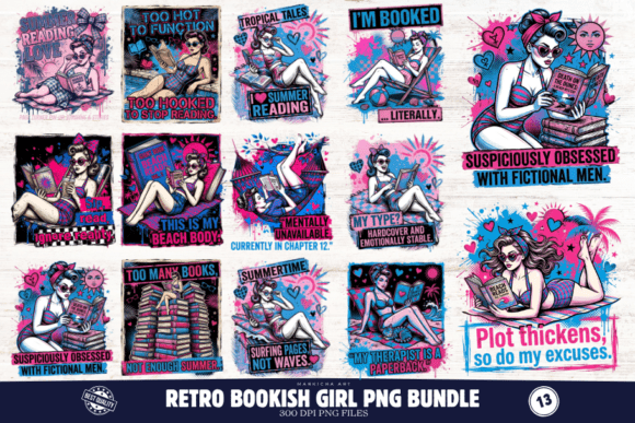 Download Retro Bookish Girl PNG Illustrations - Illustrations Collection